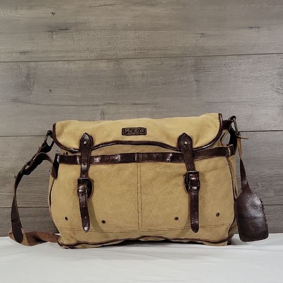 Vintage Ralph Lauren Tan Canvas and Brown Leather Messenger Bag